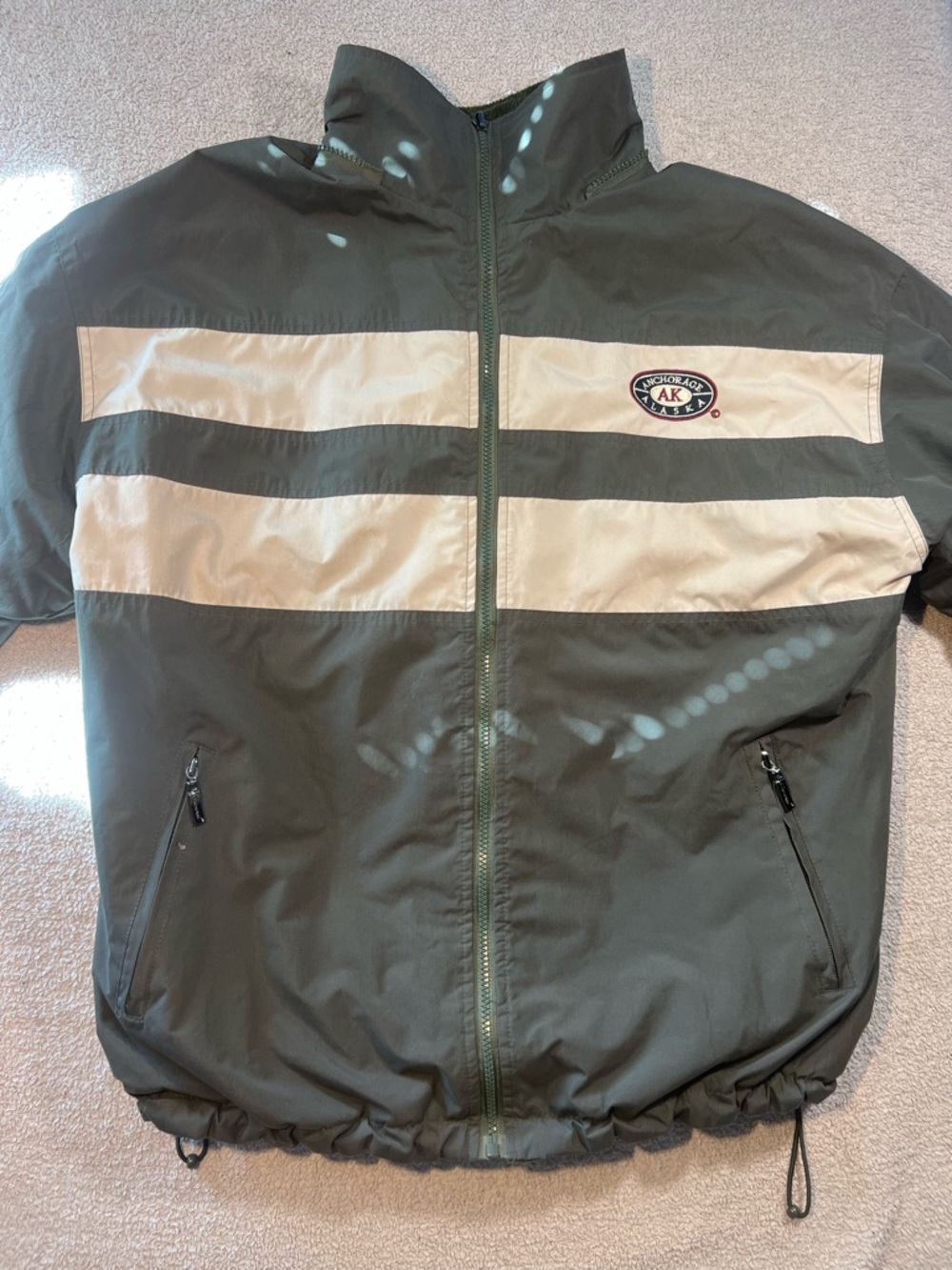 Men’s Reversible Green and Cream Anchorage Alaska Puffer Coat with Pockets